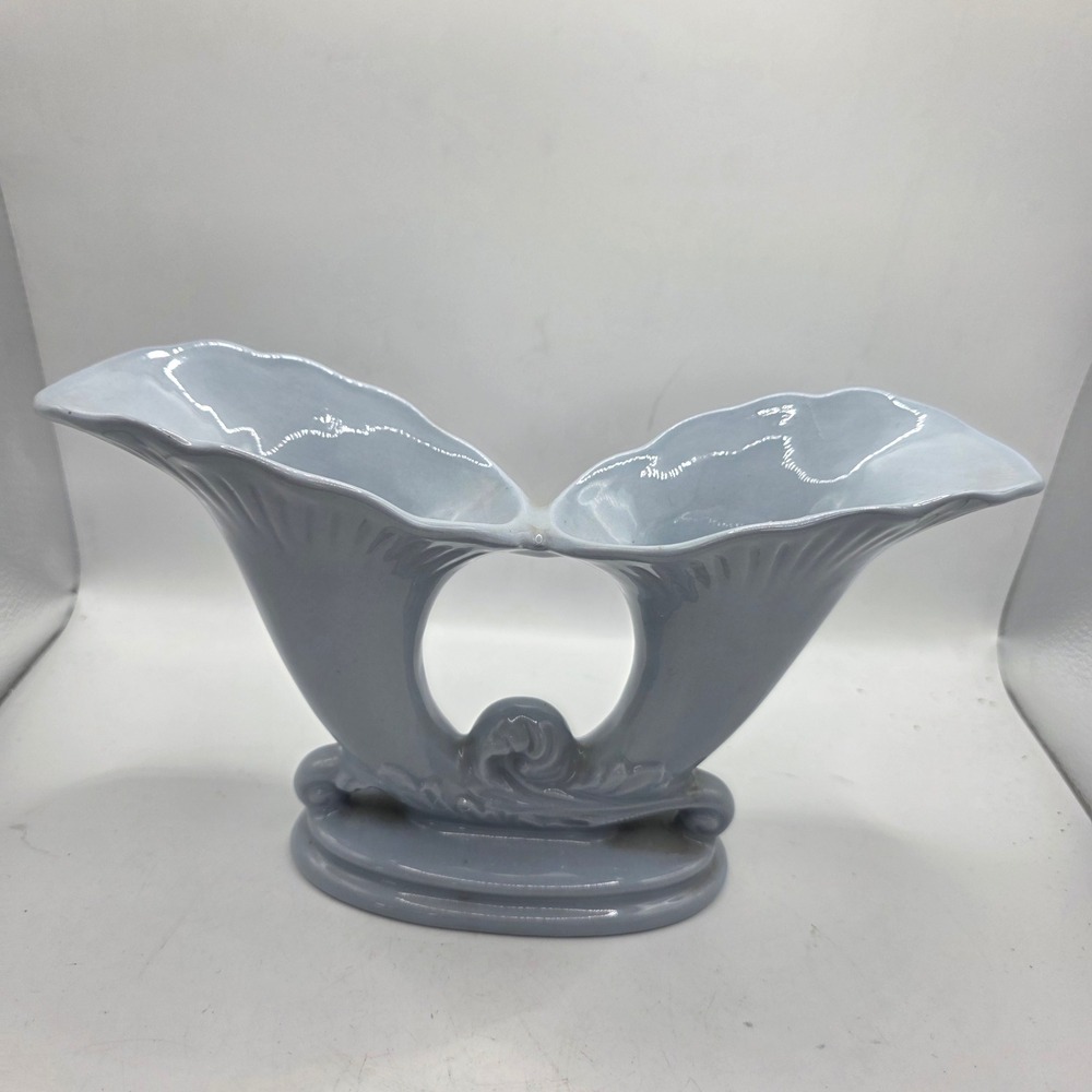 Vintage P110 Double Calla Lily Vase Powder Blue Ceramic MCM Art Pottery